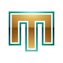Persian Green and Golden Glossy Letter M Icon with an Outer Stripe