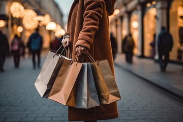 Close up of woman`s hand holding shopping bags while walking on the street - bags in the city