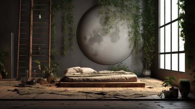Moon artwork above a tatami mat bed and ivy on a wooden rack ladder decorate the inside of a Japanese style residence. real photograph