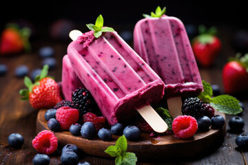 Fruit ice cream on a stick with berries and mint