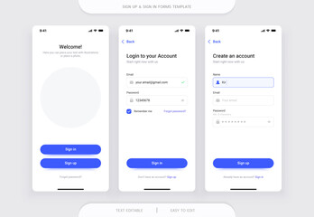 Sign Up and Sign In forms. Registration and login and password forms page for mobile app. Vector template.
