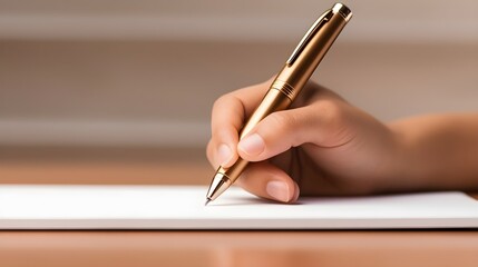 Close-up of a person's hand holding a gold pen, ready for signing important documents