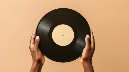 Person's hands holding a vintage vinyl record, isolated on neutral color background