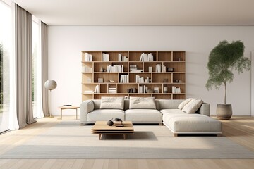 This is a 3D rendering of a bright and spacious living room featuring minimalist design elements. The room is adorned with a large sofa, bookshelves, a coffee table, crockery, and a white wall. The