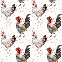 Seamless pattern of their farm chickens and roosters. Simple rural life, farm animals, nature and plants. Poultry on the ranch. Digital illustration, background © Helenika