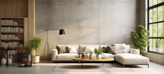 Minimalist and modern living room with concrete wall, white sofa, rustic and brown pieces. Generative AI