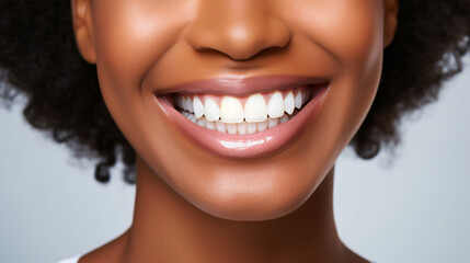 Obraz premium closeup photo beautiful young afro american female face part with laughing moth showing bright teeths