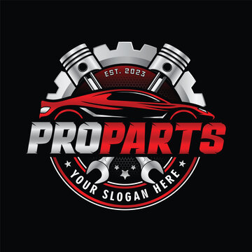 Auto parts vector logo template. Combination of automobile tools, wrench, pistons, and gear.