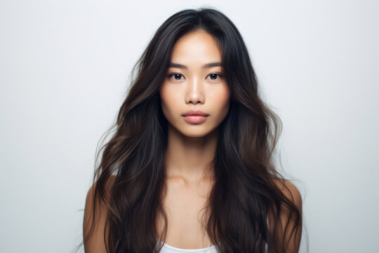 Photo of a pretty Asian girl with perfect skin and long hair on a white background