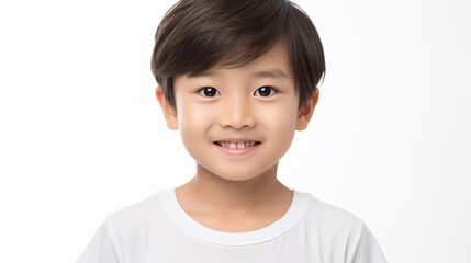 portrait of an asian boy with  short black hair isolated against a white background