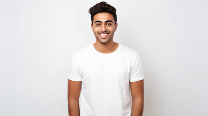 portrait of an smiling attractive indian male student isolated against a white background