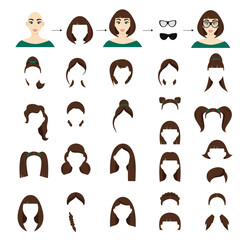 Woman hairstyles constructor avatar female character. Collection of hairstyles.Vector illustration isolated white backgroundin.