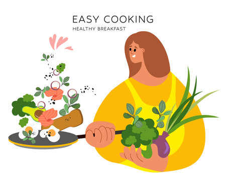 Woman Chef Cooking, Culinary Classes Concept. Easy cooking. Female Character wear Apron Preparing Food, Influencer. Cartoon People Vector Illustration