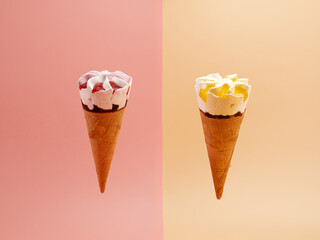 Strawberry and lemon ice cream in waffle cups. Ice cream on a colored background.