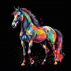Watercolor portrait of a horse with colorful, bright, vibrant, and trippy colors
