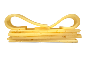 Cheese cut into thin slices lying on top of each other in a pile. Isolated on a transparent background.