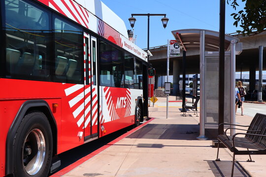 SAN DIEGO, California - June 30, 2023: San Diego MTS Metropolitan Transit System Bus stop 