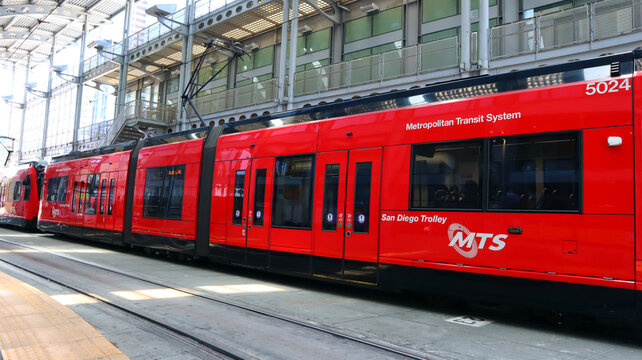 SAN DIEGO, California - June 30, 2023: San Diego MTS Metropolitan Transit System Trolley