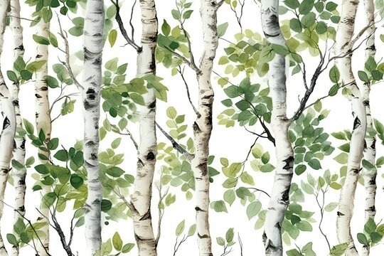 Watercolor seamless pattern of birch trees with branches. Nature template with forest graphic of stems on white background.