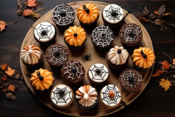 top view Halloween Cupcakes with Various decorations on a Wooden Tray, generative ai