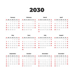 Simple vector calendar on 2030. Start from Sunday