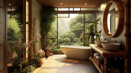 Tropical themed bathroom in Japanese design