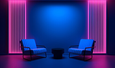 Two chairs in a dark room with pink and blue neon lights. Cyberpunk, neon pop style. Generative AI.