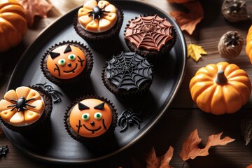 Halloween creamy Cupcakes with Bat and Spider Web decorations, generative ai
