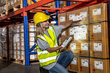 Warehouse worker woman checking boxes in warehouse