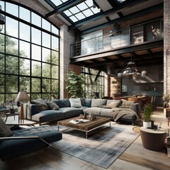 home interior design concept loft interior decorative style living room with double space daylight big window and rustic texture industrial material finish home beautiful,ai generate