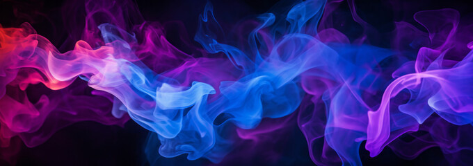 Conceptual image of colorful red, purple and blue color smoke on dark black background. Generative AI.