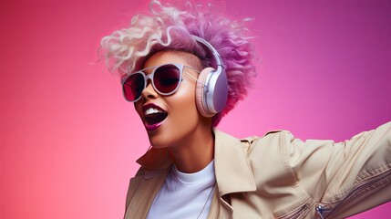 happiness stylish freedom happiness woman colour hair and fashion costume enjoy music from wireless headphone charming emotion fashionable individuality appearance casual relax,ai generate