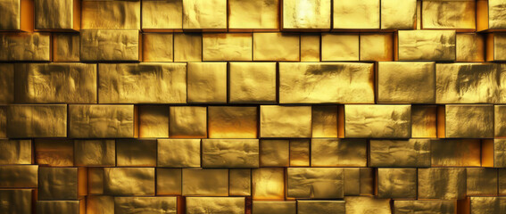 Abstract old gold color grunge wall, brick texture background, Wide banner. Generative AI.