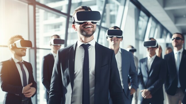 Mature businessman wearing VR glasses in office business technology futuristic technology vr virtual with business software develop team testing experience while using vr device together,ai generate