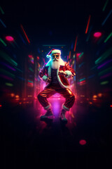 Obraz na płótnie Canvas Trendy Santa Claus in fluorescent clothes illuminated by neon lights on a dark background. Concept of Christmas and New Year celebration and party, Luminous colors. Generative AI.