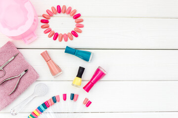 Manicure and pedicure set with beauty cosmetic products for nail care