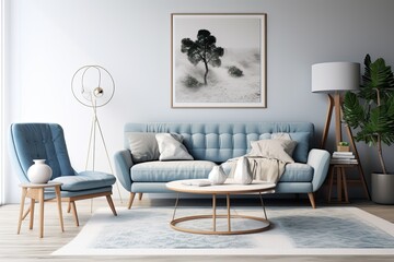 A modern living room interior is depicted in a creative composition, showcasing various key elements. These include a mock up poster frame, an elegant glass coffee table, a beautiful blue pillow, a
