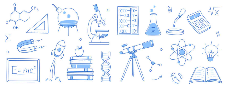 Doodle science, education school icon. Hand drawn sketch style doodle science background. School chemistry, physics education, biology concept icon. Hand drawn line vector illustration.