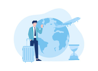 Businessman standing in front of a globe with a suitcase concept flat illustration