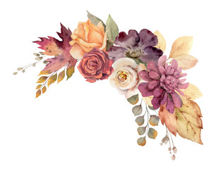 Watercolor vector wreath with bright autumn flowers and foliage.