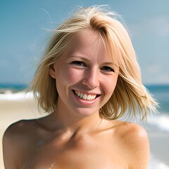 a beautiful young woman in a bikini standing on a beach, generative ai