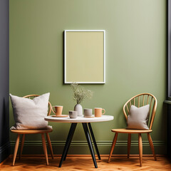 Mockup for a mint interior, an empty painting on the wall above an armchair in a minimalist setting. Cozy room design with furniture