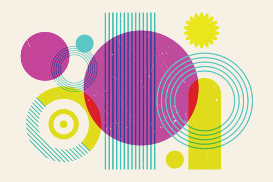 Risograph poster design, Risograph effect geometric Abstract shapes, minimalist art print. 