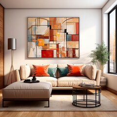 Light interior in the room with bright accents on pillows and abstract geometric paintings. Stylish modern interior with unique accents.