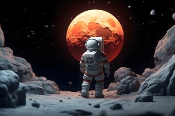 Astronaut walking in the moon with red planet 