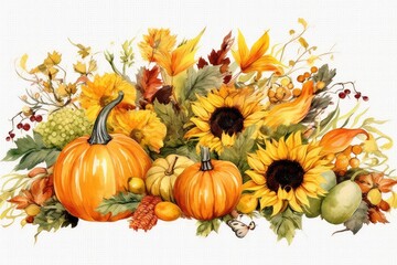 Thanksgiving watercolor decorations Autumn harvest,autumn squash,fall border,bouquet,vegetables,country farmhouse garden, pumpkin and flower composition Illustration of an autumn wedding with a