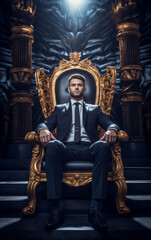 An elegant businessman sit on the majestic throne like a king