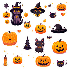 Set of halloween witch cats and orange pumpkins for halloween decorations, icon isolated on white background. PNG transparent background.