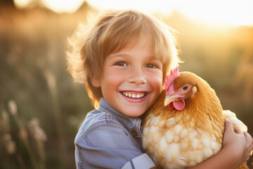 small child hugging a chicken or hen. livestock farm