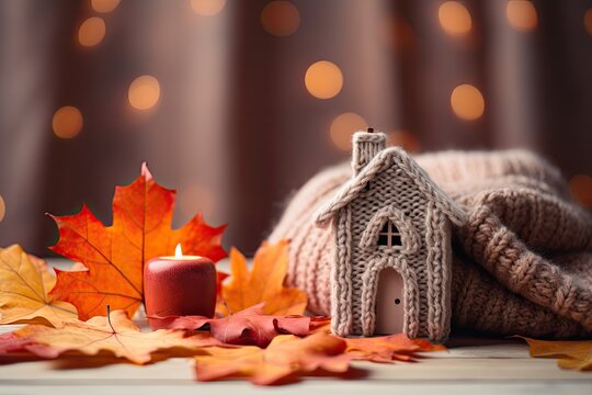 An autumn inspired scene with a toy house and dried maple leaves in shades of orange on a cozy grey knitted sweater. A banner with Thanksgiving greetings is present, creating a space for additional